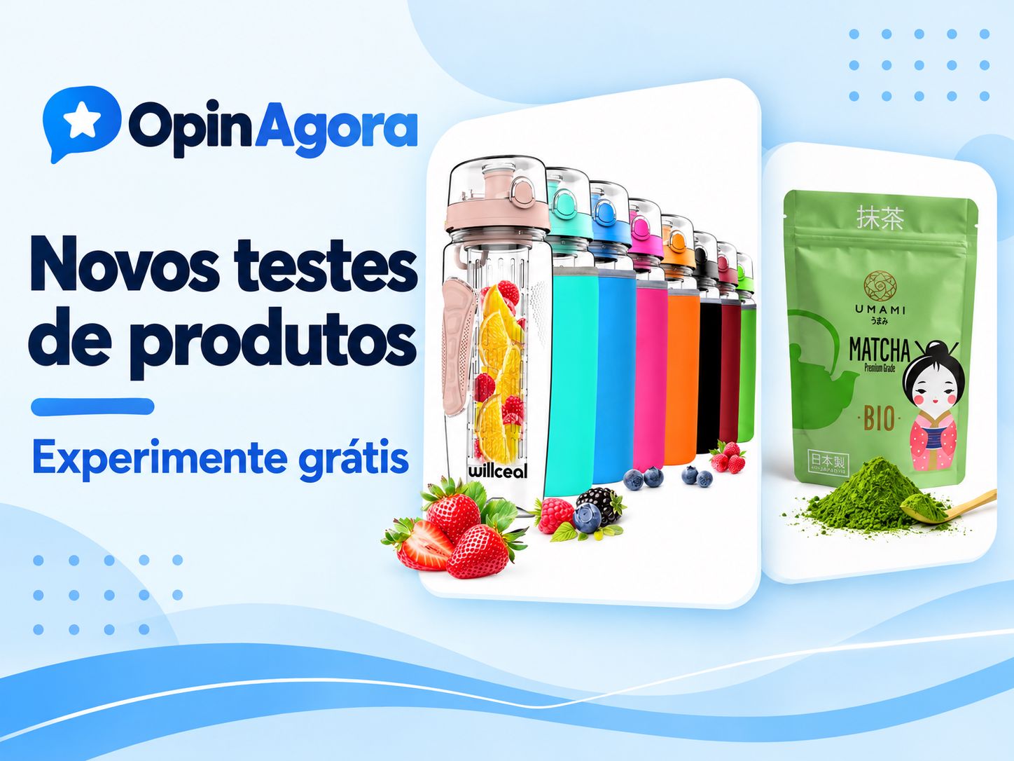 Novos testes de produtos na OpinAgora com garrafa infusora para água com frutas e matcha orgânico