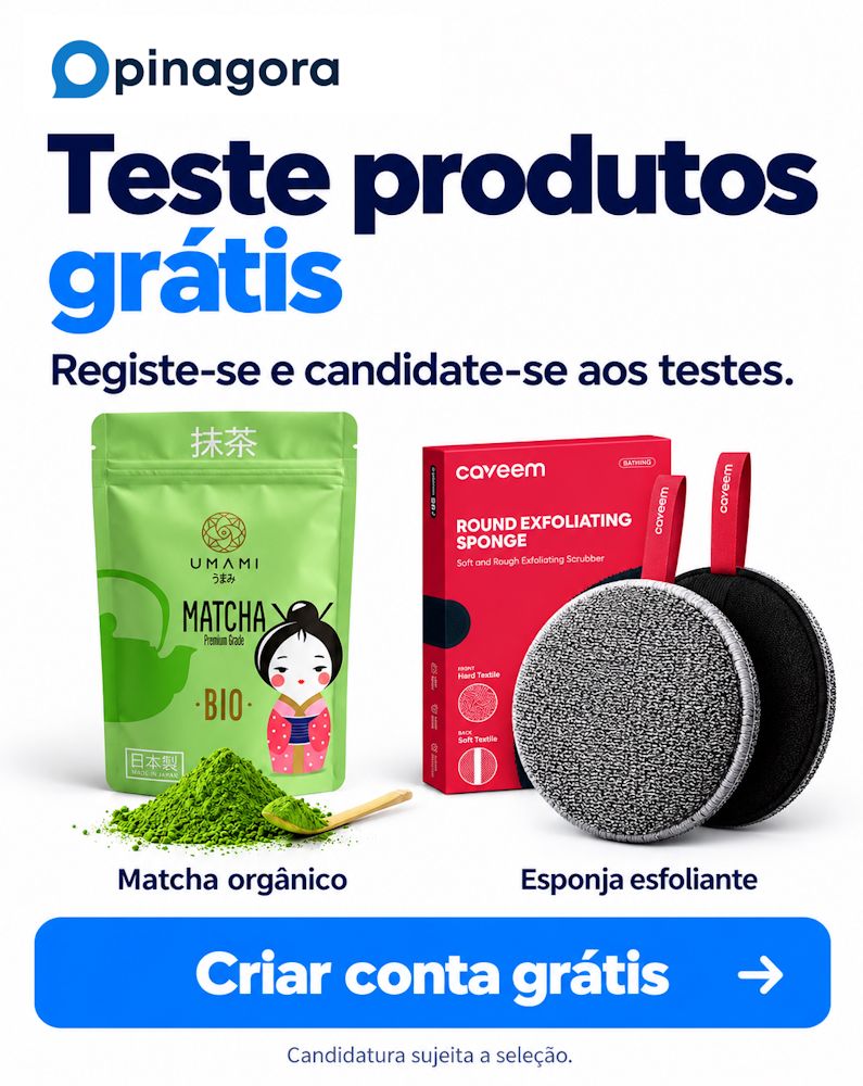 Matcha orgânico e esponja esfoliante disponíveis para candidatura a testes gratuitos na OpinAgora. Criar conta grátis.
