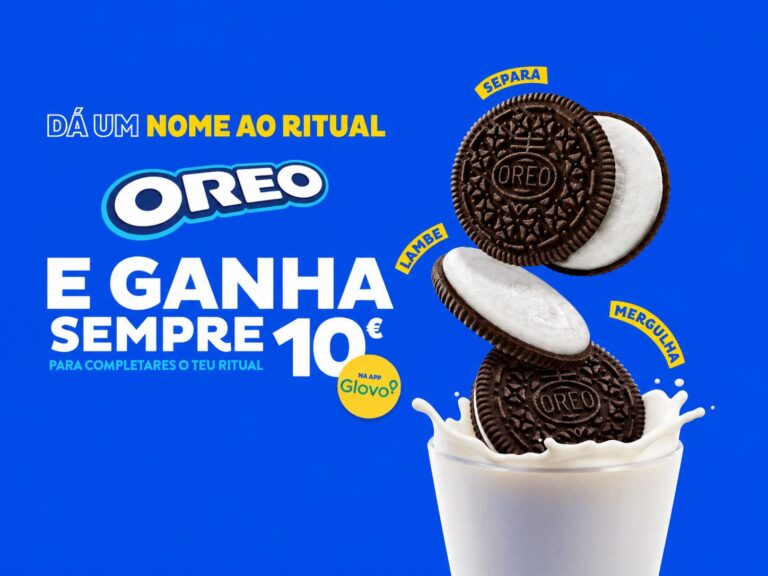 Campanha Oreo com embalagens de bolachas e oferta de um voucher Glovo de 10€ na compra de dois produtos, limitada a 5.000 vouchers