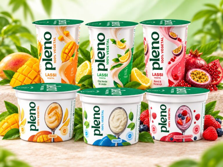 Seis embalagens de Vegegurtes Pleno, três de soja e três líquidos de coco, rodeadas de fruta