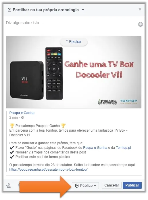 Passatempo: Partilhar em modo Público